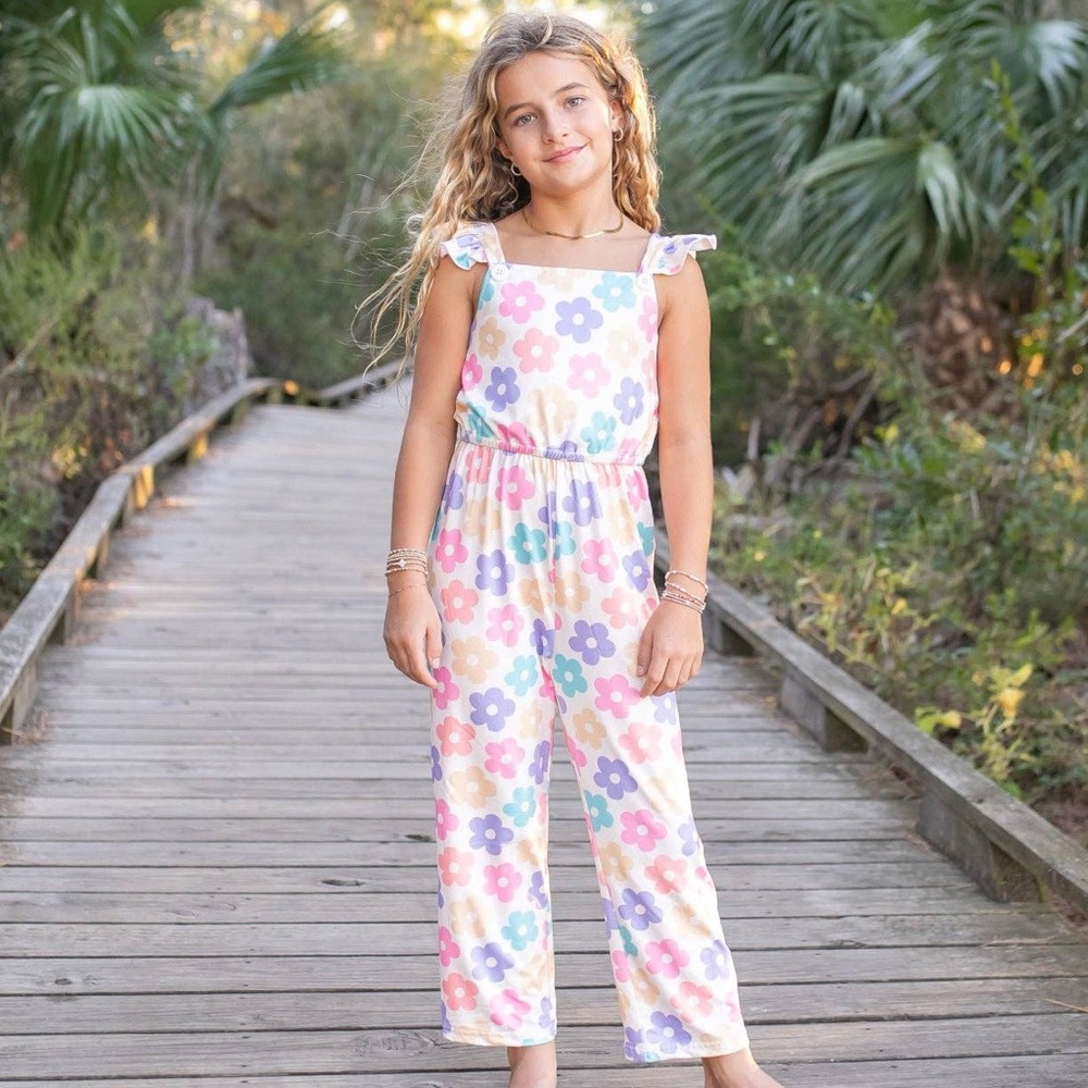 Girls Floral Tie-Shoulder Jumpsuit in Pink Multicolor